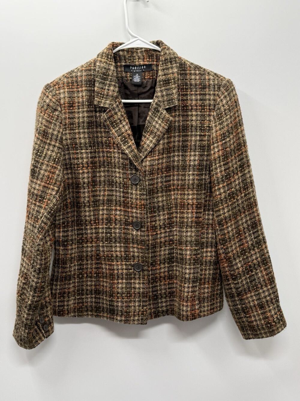 Parisian Signature Blazer Women Size 10 Brown Plaid Textured Button Front Jacket